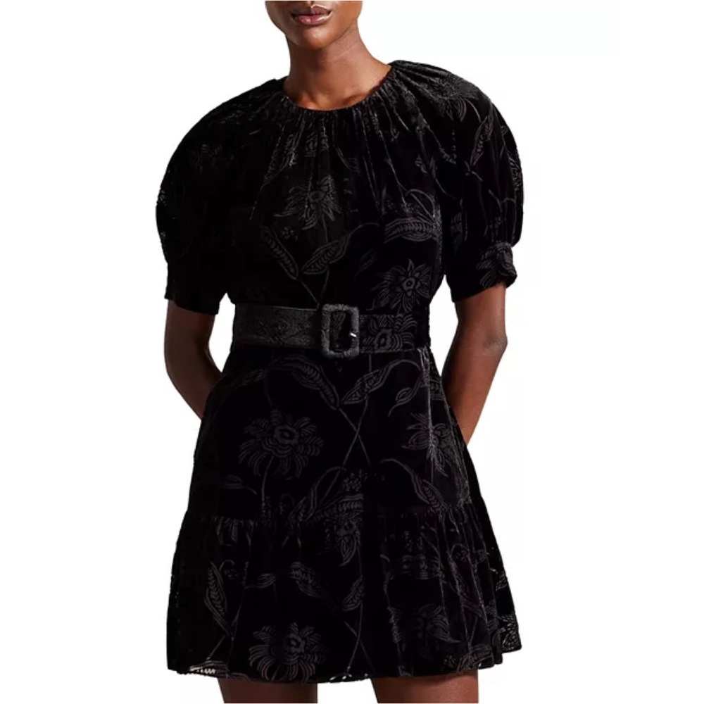 Ted Baker NWT Tilliiy Belted Velvet Dress Fit & Flare Mini Black Large MSRP $425